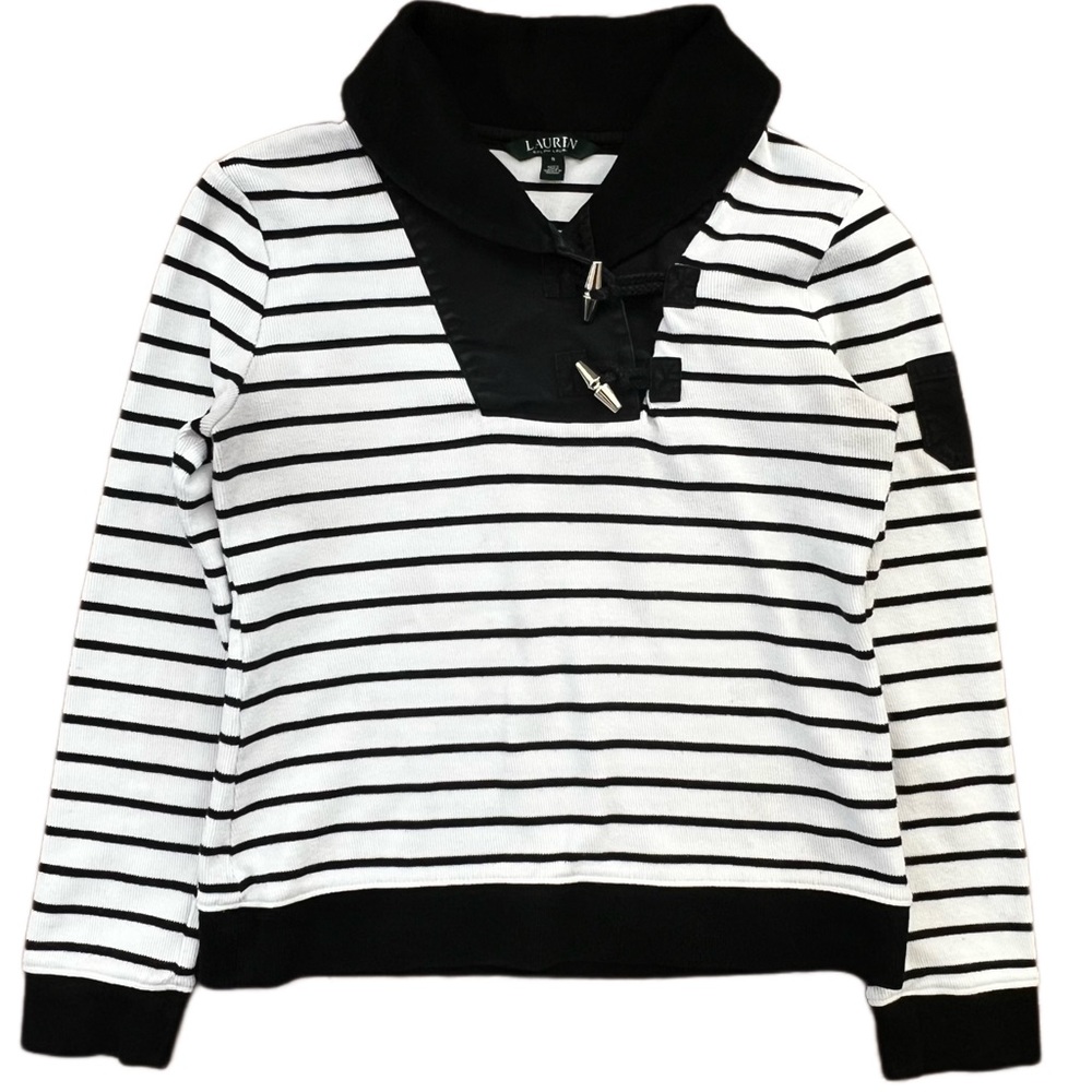 {Ralph Lauren} Quarter Toggle Closure Cowl Neck Striped Lightweight Sweater